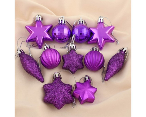 Набор украшений пластик 12 шт "Талла" (6 звёзд, 4 шара, 2 сосульки) фиолетовый