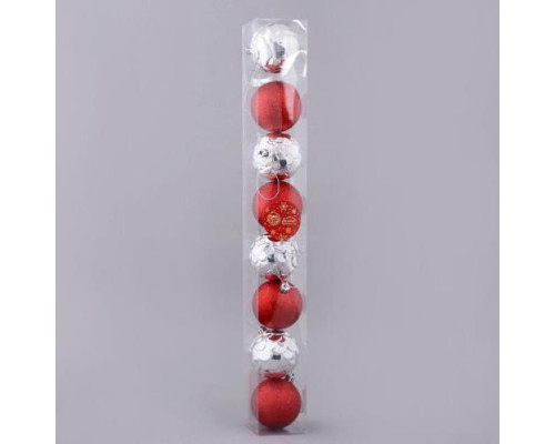 Набор шаров пластик d-6 см, 8 шт "Шишечки и блеск" серебристо-красный