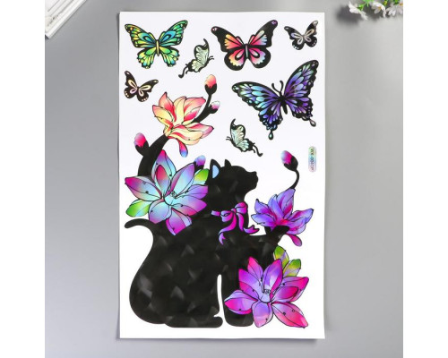 Наклейка пластик интерьерная голография "Котик с цветами" 50х32 см