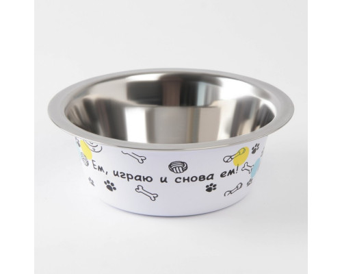 Миска металлическая для собаки «Ем, играю и снова ем», 350 мл, 13х4.5 см