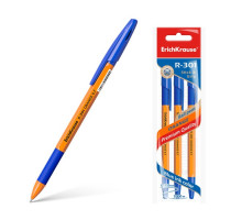 Набор ручек шариковых 3 штуки ErichKrause R-301 Orange Stick & Grip, узел 0.7 мм, чернила синие, резиновый упор, длина линии письма 1000 метров, европодвес