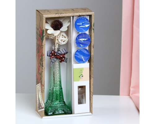 Набор подарочный "Эйфелева башня"(ваза, палочки с декором, свечи, аромамасло), жасмин