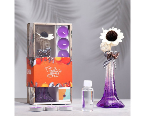 Набор подарочный "Эйфелева башня"(ваза, палочки с декором, свечи, аромамасло), лаванда