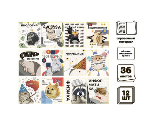 Комплект предметных тетрадей 36 листов "Животные мемы", 12 предметов, со справочным материалом, обложка мелованная бумага, блок №2 (серые листы)