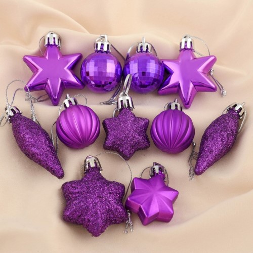 Набор украшений пластик 12 шт Талла (6 звёзд, 4 шара, 2 сосульки) фиолетовый