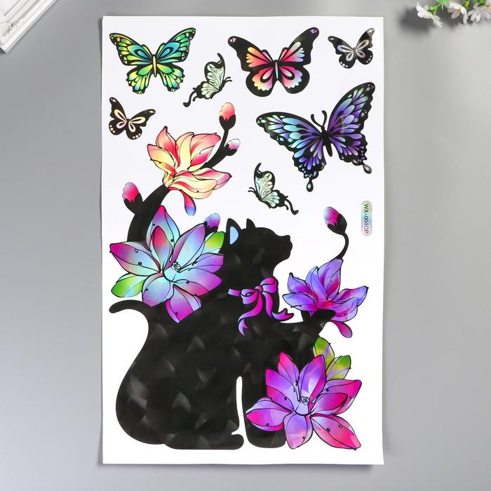 Наклейка пластик интерьерная голография Котик с цветами 50х32 см