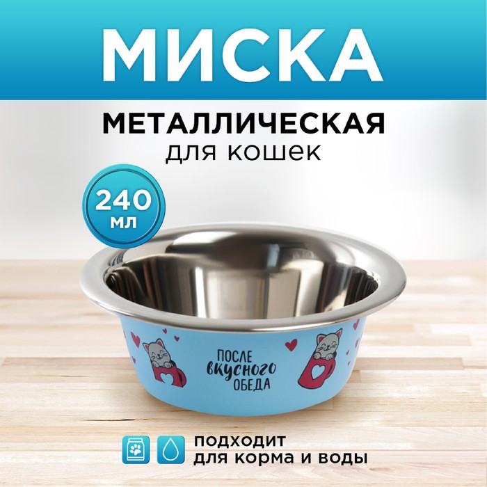 Миска металлическая для кошки «После вкусного обеда», 240 мл, 11х4 см