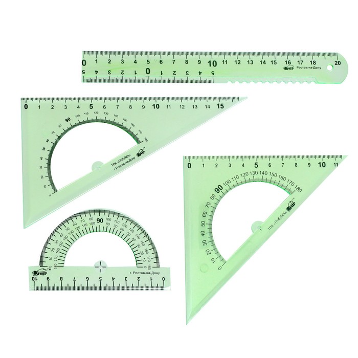Набор чертёжный средний Calligrata (линейка 20 см, 2 треугольника, транспортир), прозрачный, зелёный, пакет