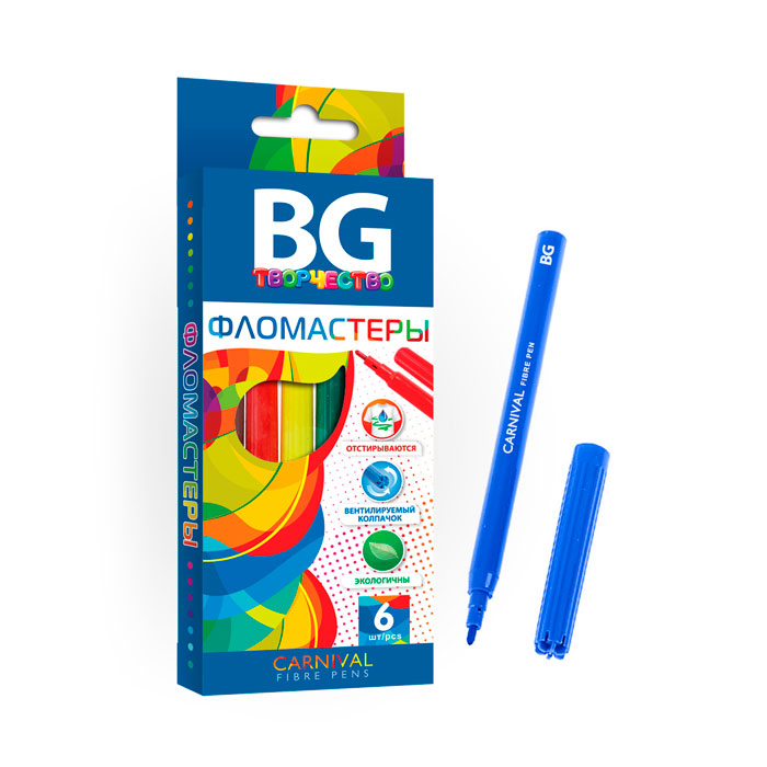 Фломастеры BG, 6 цветов, серия Carnival, в картонной упаковке